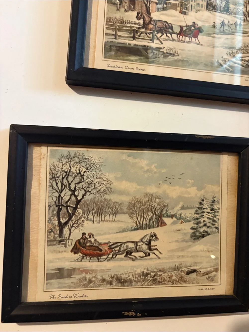 Set of 3 Currier & Ives Framed Winter Scene Wall Art - Black 5x7 Wood Frames